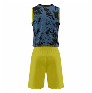 Maillot de basket personnalisé sublimé, col en V, sans manches, bleu et jaune, short, polyester respirant, unisexe adulte - Product Image 2