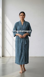 Robe Kimono en Coton Écologique Imprimé Flock, Loungewear Indigo, Taille Haute, Col en V, Motif Floral, Légère et Asymétrique - Product Image 5