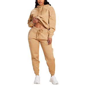 Ensemble de survêtement deux pièces pour femme 100 % coton, délavé à l'acide, couleur unie, respirant, écologique, streetwear, couleur kaki, sweat à capuche et pantalon - Product Image 1