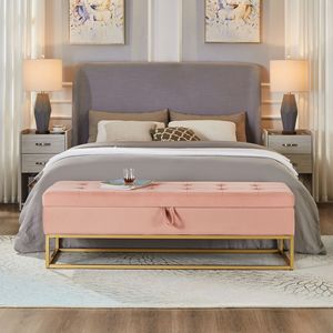 Panca letto in velluto rosa da 58,6 pollici con base in metallo e contenitore, mobile per soggiorno - Product Image 2