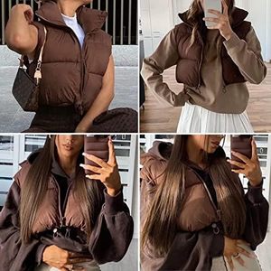 Gilet matelassé ultra-courte marron pour femme, entièrement zippé, col montant, ourlet à cordon de serrage, fabrication OEM - Product Image 4