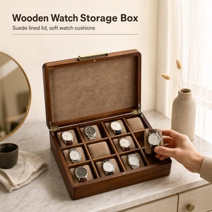 Boîte à montres en bois massif à 12 emplacements avec doublure en daim et poignée métallique - Product Image 2