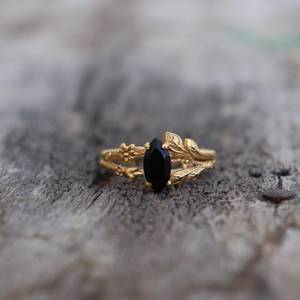 Black Onyx <b>Leaf</b> Marquise Ring 925 Sterling <b>Silver</b> 14K Gold Plated Celestial Wedding Dainty Gift For Her - Product Image 4