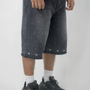 Shorts pour homme vintage délavés noir gris foncé gris anthracite avec strass et clous en cristal, style baggy Y2K, jorts, vêtements - Product Image 4
