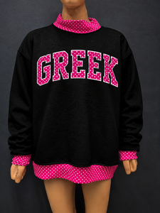 Custom Logo Sorority Apparel Polka Dot <b>Mock</b> <b>Neck</b> Sweatshirt Heavyweight Fleece Greek Letter Embroidery Patchwork Pullover <b>Tops</b> - Product Image 2