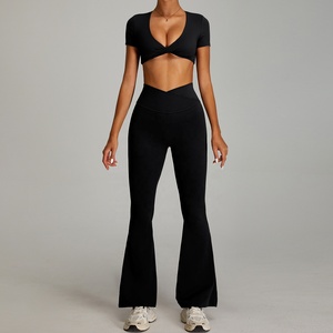 Seamless Yoga Set Black Crop Top High Waist Flared Pants 2 Piece Spandex Polyester Square Neck Spaghetti Strap Full Length - Product Image 4
