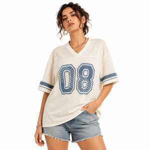 Maillot de football américain tendance pour femme, couleur beige, en maille, col en V, personnalisé, surdimensionné, numéroté, vêtements de sport pour marques privées - Product Image 1