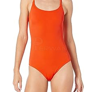 Maillot de bain une pièce pour femme, orange uni, col rond, taille haute, en spandex et polyester tricoté - Product Image 4