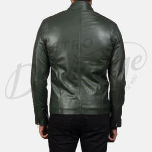 Blouson de motard en cuir véritable vert forêt pour homme, coupe ajustée, col montant, fermeture éclair, style décontracté. - Product Image 3
