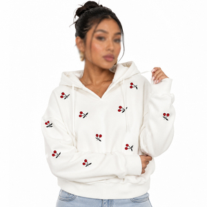 Sudaderas con Capucha Personalizadas para Mujer, Bordado Minimalista de Cerezas, Felpa de Algodón Premium, Corte Holgado, Estilo Urbano, Proveedor Mayorista - Product Image 1