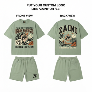 เสื้อยืดและกางเกงขาสั้นผ้าคอตตอนเทอร์รี่พรีเมียม 280 GSM สีเขียวเซจ พิมพ์ลายโลโก้แบบ DTF สไตล์สตรีทแวร์ - Product Image 1
