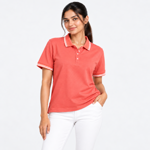 Women <b>Coral</b> for T Shirt Lyocell Combed Cotton Soft Knitted Short Sleeve Striped Collar Casual <b>Top</b> Wholesale Supplier OEM Custom - Product Image 1