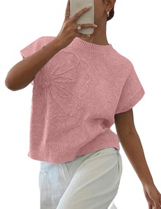 Top Corto de Punto Rosa sin Mangas con Bordado Floral, Cuello Redondo, Informal, Unisex, para Primavera - Product Image 4