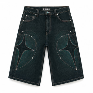 Blackened Teal Y2K Denim Jorts – Baggy Streetwear Shorts with Orbit Embroidery & Rhinestone Details - Product Image 2