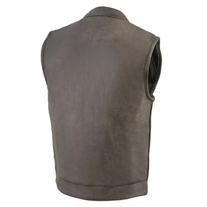 Gilet en cuir véritable pour homme, col montant, style motard, marron vieilli, simple boutonnage, coupe-vent - Product Image 2