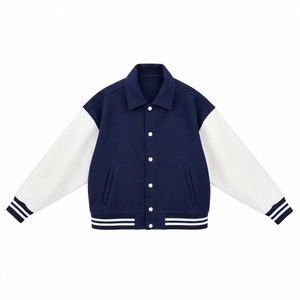 Veste universitaire unisexe bleu marine avec manches blanches, col mandarin, style streetwear, coupe classique, fermeture à un bouton, coupe-vent - Product Image 1
