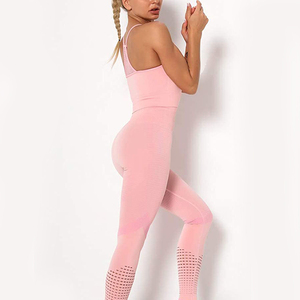 Pink 2 Piece Yoga Set High Waist <b>Seamless</b> <b>Leggings</b> With Cut Out Mesh Detail Spaghetti Strap Top Breathable Activewear - Product Image 3