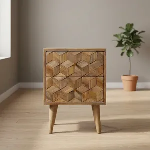 Table de chevet vintage en bois massif sculpté en forme de cube, avec deux tiroirs, meuble d'appoint rustique pour chambre à coucher - Product Image 2
