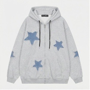 เสื้อฮู้ดซิปโอเวอร์ไซส์ผู้ชาย สีเทา แต่งดาว แอพพลิเค่ ผ้าถักลำลอง ใส่สบายสำหรับฤดูใบไม้ร่วง - Product Image 1