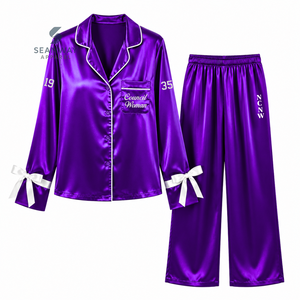 NCNW Sorority Women's Satin Pajama <b>Set</b> Long Sleeve Button-Up Embroidered Two <b>Piece</b> Sleepwear Purple With <b>White</b> Trim Lounge <b>Set</b> - Product Image 1