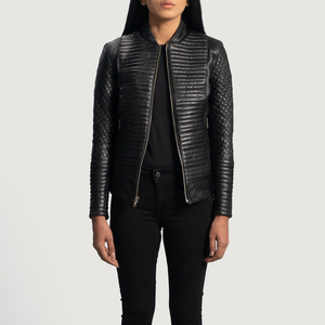 Women's Genuine Leather Moto Jacket Stand Collar Full Sleeve <b>Quilted</b> Zipper Closure Black Autumn Wear Breathable - Product Image 1