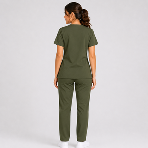 Ensemble de blouses médicales vert olive pour femmes, col en V, uniforme de soins de santé, tenue de travail pour infirmières, haut et pantalon, vente en gros - Product Image 3