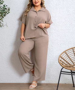 Women 2-Piece Set Solid Color Short Sleeve Top With Button Front Loose Fit Wide Leg Pants Casual Spring Summer Wear - Product Image 6