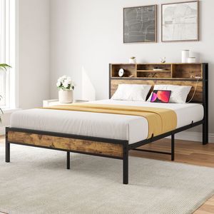 Full-Size Metal <b>Platform</b> <b>Bed</b> <b>Frame</b> with Storage Headboard Charging Station Bookcase-No Box Spring Needed - Product Image 2