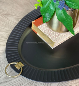 Black Oval Handmade <b>Serving</b> <b>Tray</b> <b>Gold</b> Handles Checkered Pattern Powder Coated Finish Ms Hussain International Restaurant Use - Product Image 2