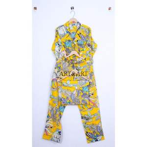 Ensemble de pyjama long élégant pour femme, printemps-été, à porter au quotidien, en coton respirant, doux, de haute qualité, imprimé à la main - Product Image 5