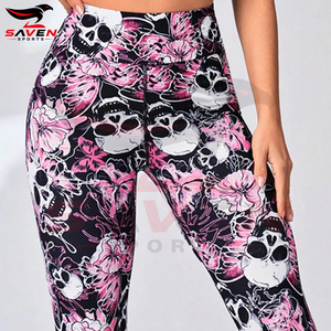 Made In Pakistan Premium Quality Best Supplier Breathable Women Wear Sport Floral & Skull Print Wideband Waist Sports <b>Leggings</b> - Product Image 5