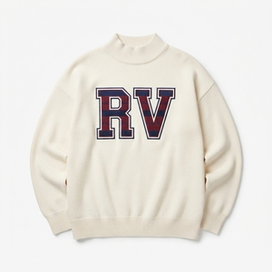 Pull à col roulé surdimensionné pour femme, bleu marine, avec motif brodé AVA rouge, tricoté, décontracté pour l'automne - Product Image 4