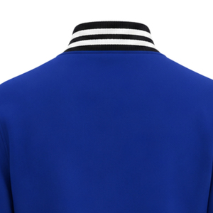 Veste universitaire bleu roi avec lettres grecques dorées, bordures rayées, écusson brodé, boutons-pression, style baseball universitaire - Product Image 3