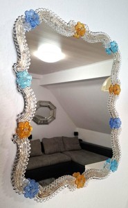 Handmade Murano Style <b>Mirror</b>, Blue Aqua Amber Floral Glass, Italian Vanity Wall Decor - Product Image 2