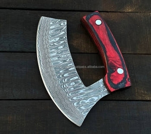 Couteau à pizza artisanal en acier Damas de qualité industrielle, tête de hache, manche en bois, étui en cuir, garantie 3 ans, personnalisable, haute qualité - Product Image 3