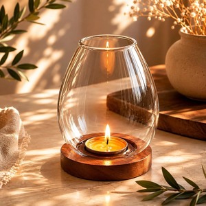 Pot à bougie rond en verre avec base en bois, résistant à la chaleur, porte-bougie chauffe-plat pour la décoration de la maison - Product Image 1