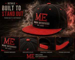 Casquette Snapback en maille noire personnalisée MALVAN ENTERPRISES, broderie 3D, visière plate, 6 panneaux, réglable, unisexe, logo lettres - Product Image 2