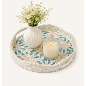 Bandeja Redonda de Lujo al por Mayor con Incrustaciones de Madreperla y Mosaico Floral Azul, Plato para Servir, Decoración Personalizada para Mesa de Centro OEM - Product Image 6