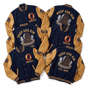 Blouson universitaire en laine marine avec broderie Village Chronometer et manches en cuir marron, style bomber, vente en gros - Product Image 3