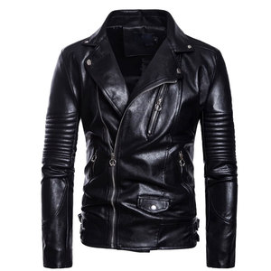 Nouvelle conception, veste d'hiver décontractée en cuir véritable et toile respirante, col mandarin, couleur unie, logo sur le devant, pour adultes - Product Image 1