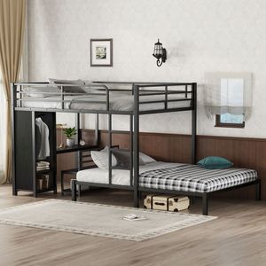 Letto a castello Queen Size con armadio integrato, scrivania e sedie con contenitore, in metallo nero - Product Image 1