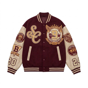 Chaqueta Varsity Vintage para Hombre, Color Granate, Bordada en Chenille, con Cuello Alto de Cuero, Estilo Letterman, Chaqueta de Béisbol - Product Image 3