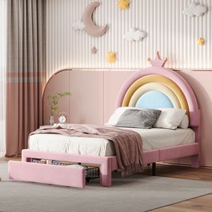 Letto a piattaforma matrimoniale in velluto arcobaleno per bambini, imbottito con cassetto contenitore, design colorato, non richiede rete a molle - Product Image 1