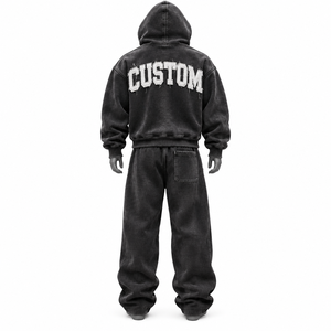 Ensemble unisexe noir 100 % coton, sweat à capuche oversize délavé avec fermeture éclair et pantalon large respirant brodé, service OEM, personnalisation de lettres - Product Image 3