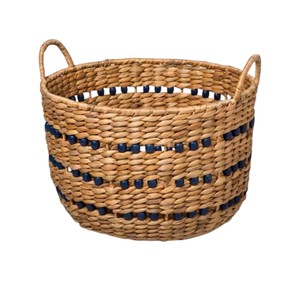 Premium Quality Woven <b>Water</b> <b>Hyacinth</b> <b>Basket</b> Natural Hand Made Storage Organizer with Side Handles and Beads - Product Image 1