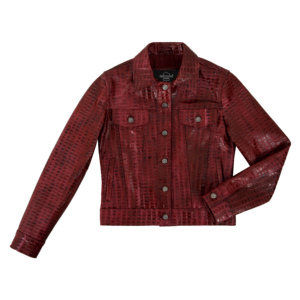 Women's Genuine Leather <b>Trucker</b> <b>Jacket</b> Embossed Crocodile Pattern Red Full Sleeve Turn-down Collar Autumn Style - Product Image 3