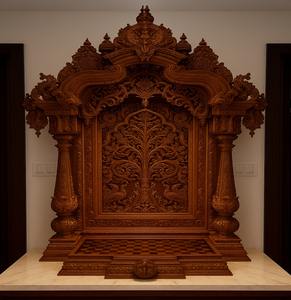 Grand Temple Convenctionnel Lourd Sculpté pour la Maison, Unité de Puja Personnalisée, Temple à Sculptures Riches avec Rangement, Temple Poli Doré USA - Product Image 6