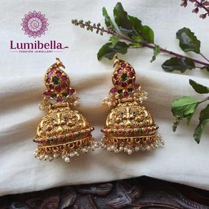 Bridal Matte Jhumka Stud <b>Earrings</b> with <b>Pearl</b> <b>and</b> <b>Diamond</b> for Wedding Party Gift - Product Image 1