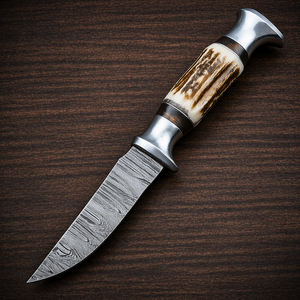 Couteau de chasse artisanal en acier Damas avec manche en corne et étui en cuir – Couteau de survie à lame fixe pour le camping en plein air - Product Image 5