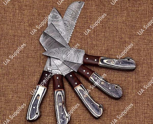Ensemble de couteaux de chef en acier Damas, 5 pièces, manche intégral, forgés à la main, ultra-affûtés, ergonomiques, manches en bois Pakka OEM - pour un usage quotidien et le camping - Product Image 4